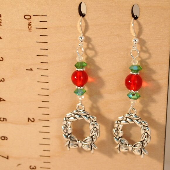 Christmas Wreath Earrings Dangle Pierced or Clip-on Earrings Silver Earrings - Picture 6 of 9